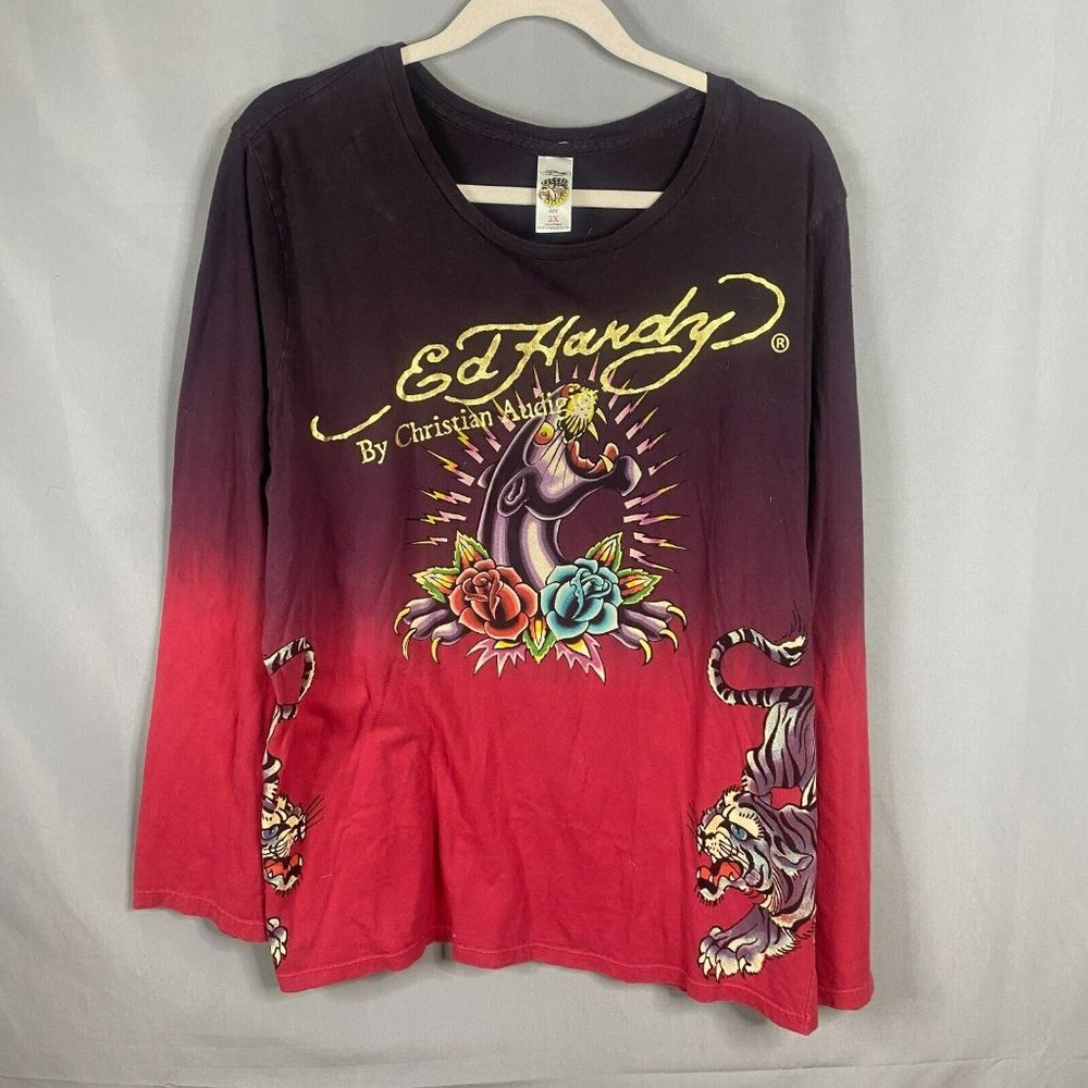 Authentic Ed Hardy Red to Black Ombre Long Sleeve Tee with Graphic Tiger & Rose